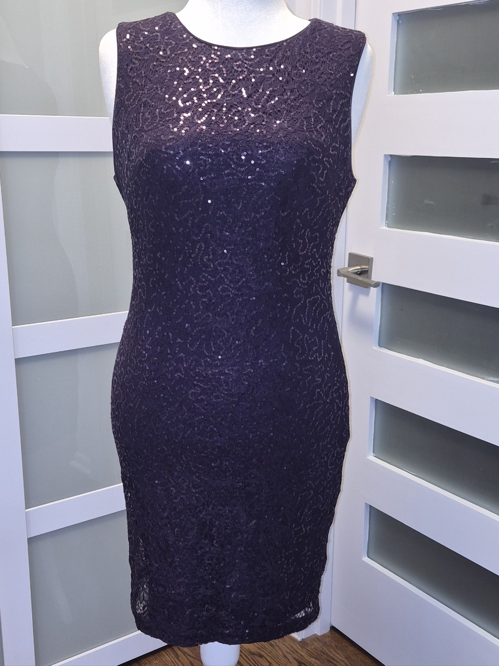 Calvin Klein Sleeveless Sequin Lace Midi Dress in Deep Purple